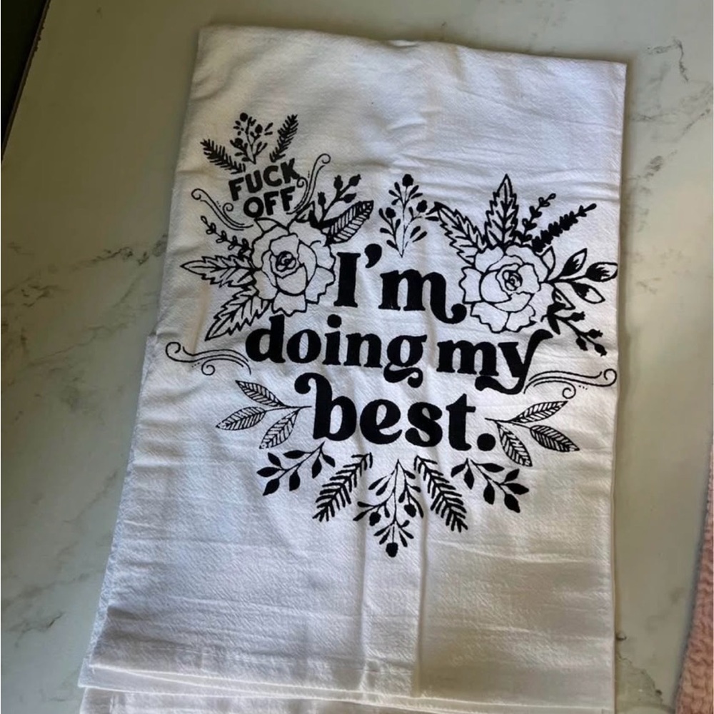 White Tea Towel with Black Floral Design